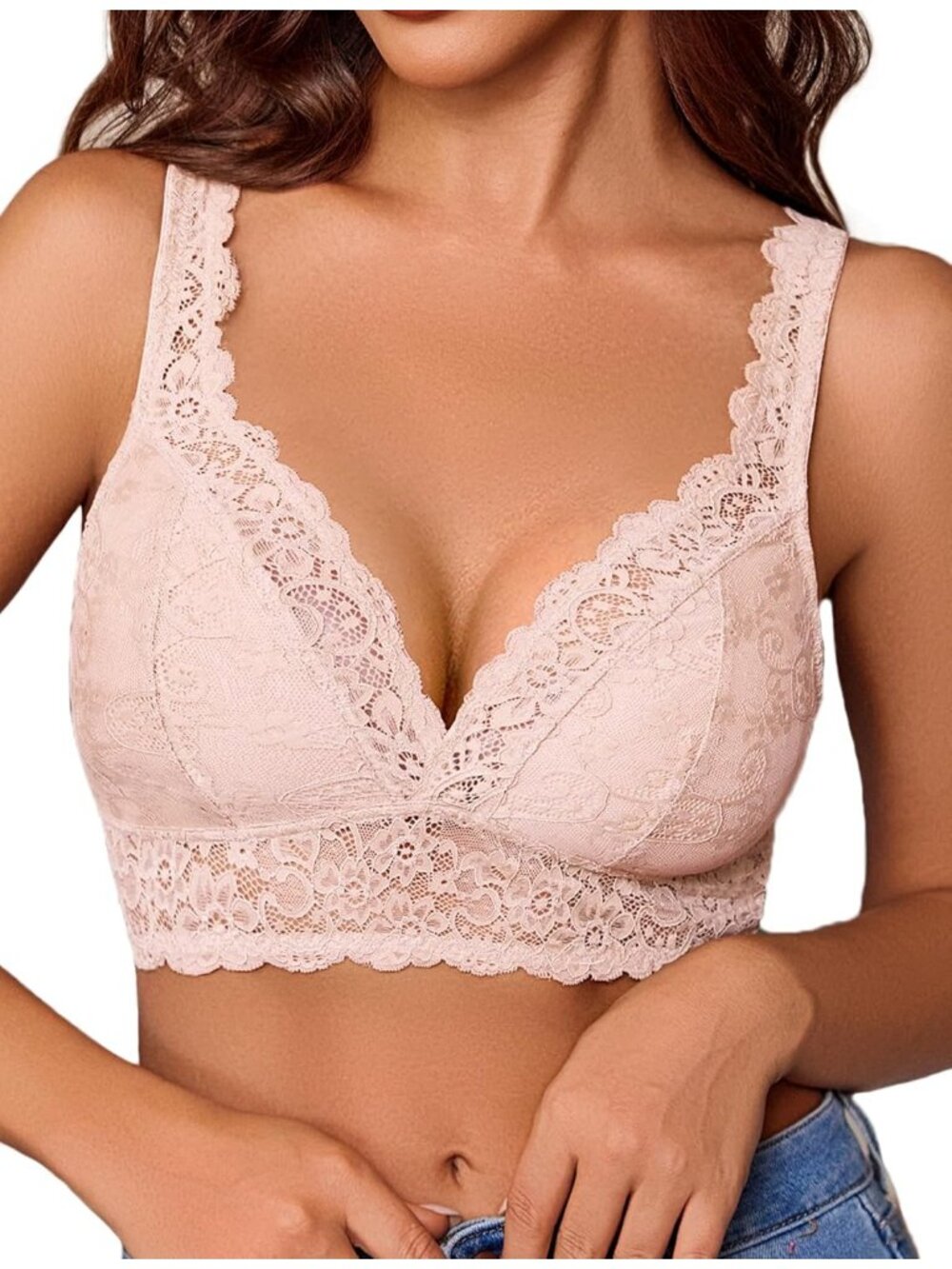 🆕Women's Beige Lace Braclettes V Neck Wireless Bras Unlined Basic Comfy